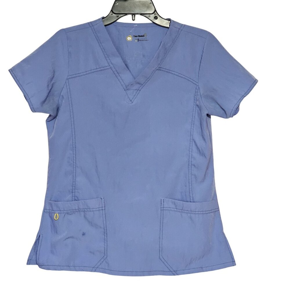 Lot of 3 Four-Stretch Womens Blue Nursing Scrub Top Pockets V-Neck Flexible Sz S
